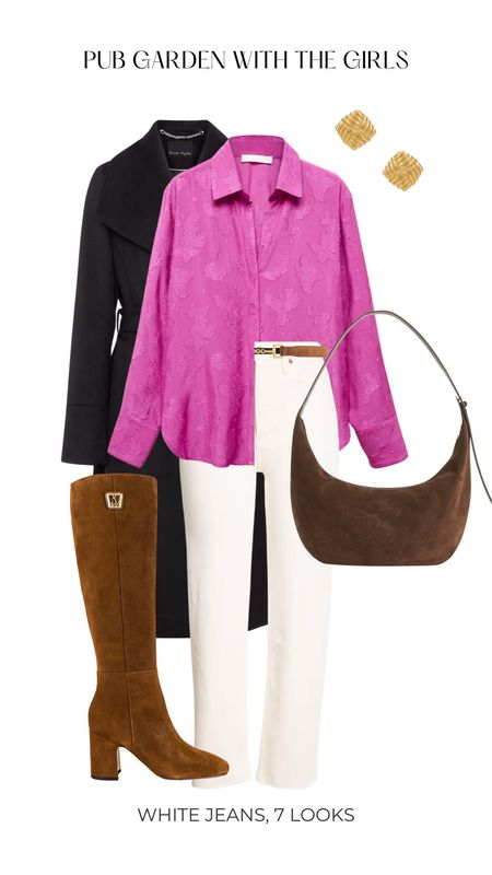 White denim jeans pink blouse brown knee high boots and black coat jacket 

#LTKitbag #LTKshoecrush #LTKstyletip