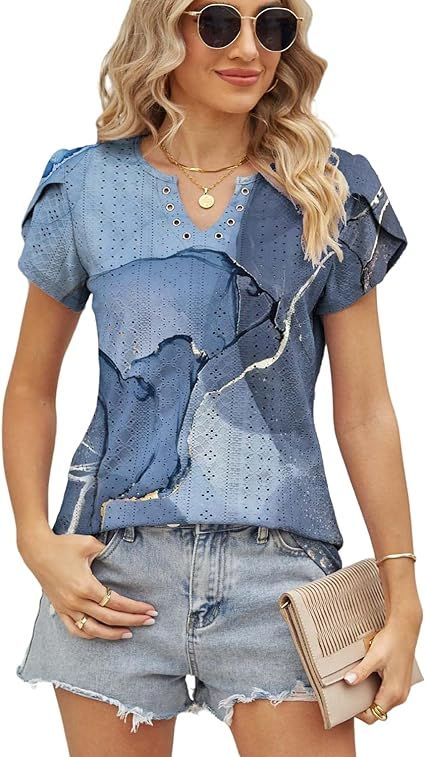 Women's Tops Summer V Neck Petal Short Sleeve Eyelet Casual Loose Tunic Blouses Floral Pointelle ... | Amazon (US)