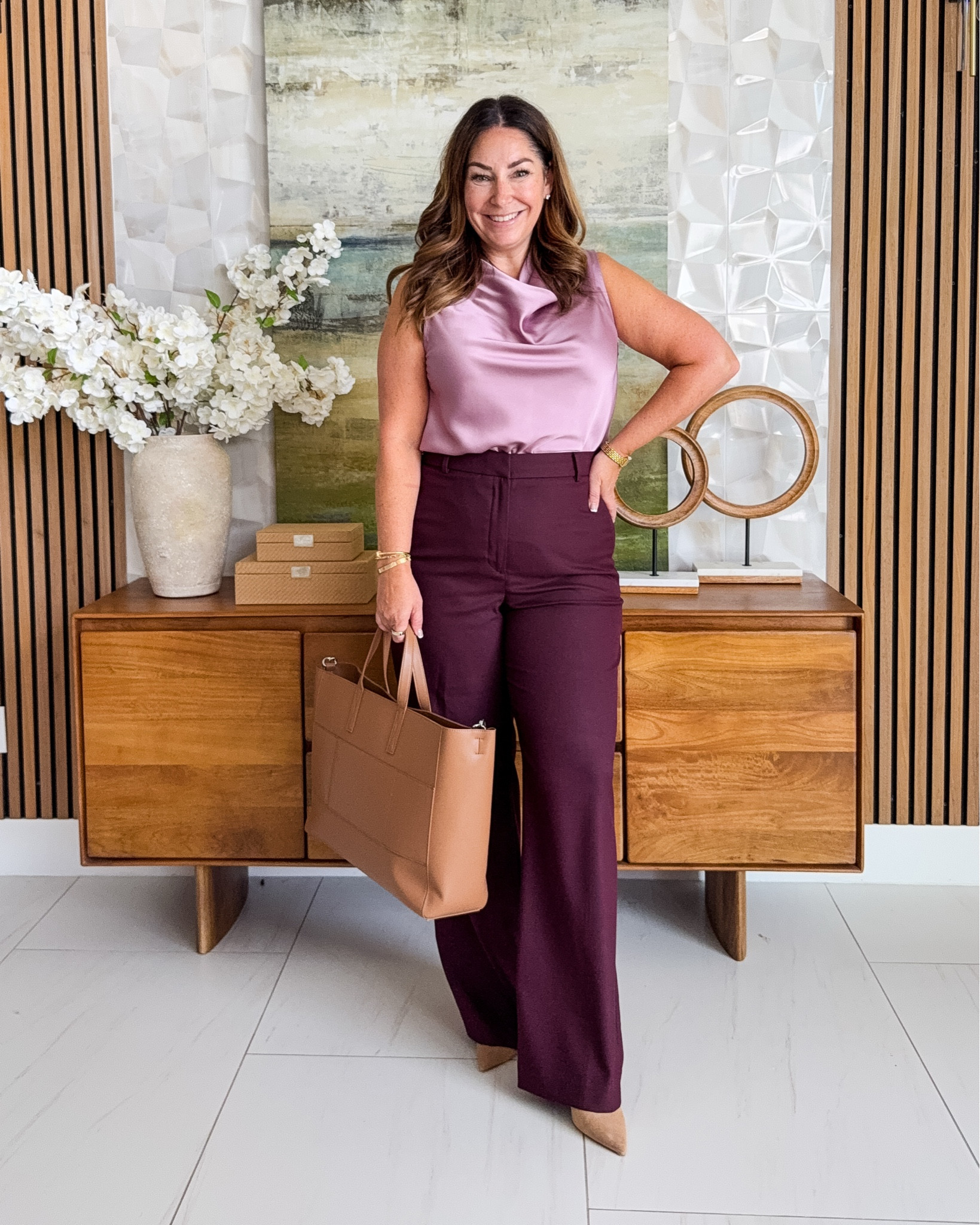 These stunning burgundy pants from Anny Taylor are perfect for work! Adding this cowl neck blouse in lilac pink hits the trending fall colors and I'm loving it. 📏Wearing blouse tts, large | pants tts, 12 

 #LTKOver40 #LTKMidsize #LTKWorkwear