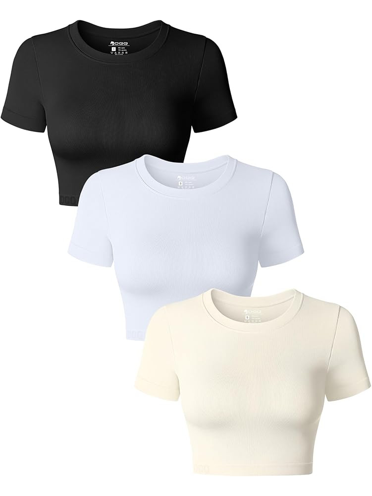 OQQ Women's 3 Piece Crop Tops Crew Neck Shorts Sleeve Stretch Fitted Shirts Crop Tops | Amazon (US)
