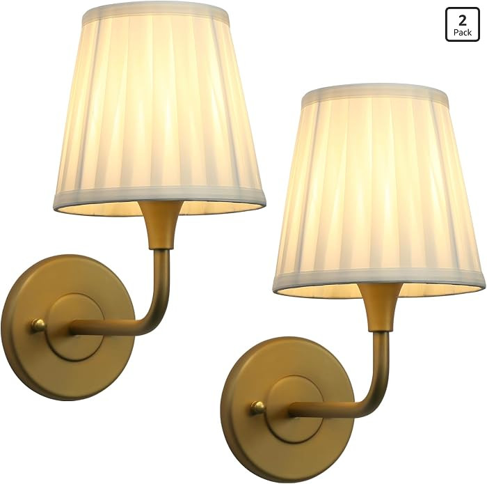 Set of 2 Antique Gold Wall Sconces with Beige Pleated Fabric Shade \u2013 E26 Hardwired Single Ar... | Amazon (US)