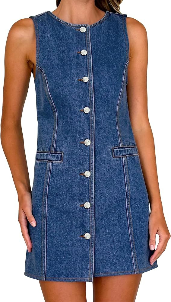 Women Denim Dress Jean Sleeveless Button Down Shirt Mini Tank Casual Summer Dresses with Pocket W... | Amazon (US)