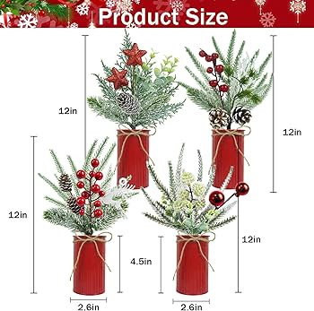 4 Pcs Christmas Centerpiece Table Decorations Artificial Potted Plants Floral Arrangement with Re... | Amazon (US)