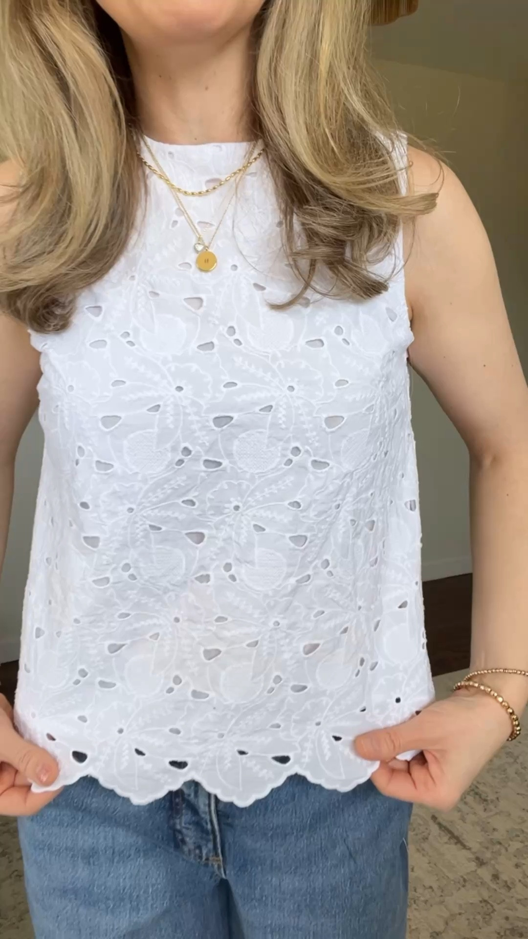 Walmart cotton eyelet top is a gem! Fits true to size but no stretch. I’m in a small. One button closure at the back. Lined. Several colors. #walmartfashion 