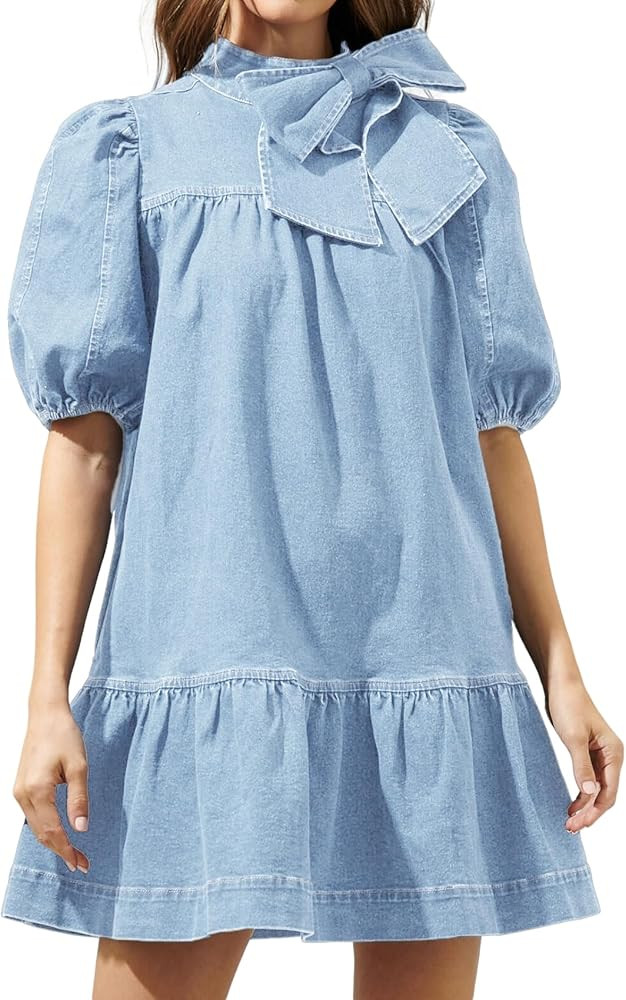 Women Summer Puff Short Sleeve Denim Dress Mock Neck Babydoll Jean Dress with Bow | Amazon (US)