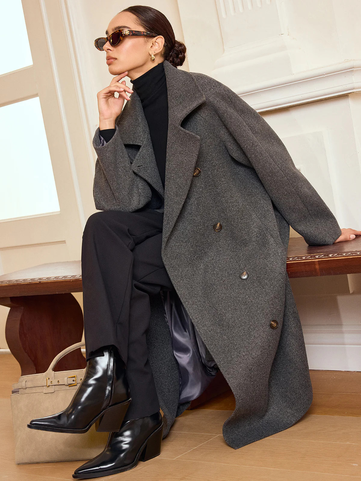 Belted Double-Breasted Tweed Long Coat | Commense