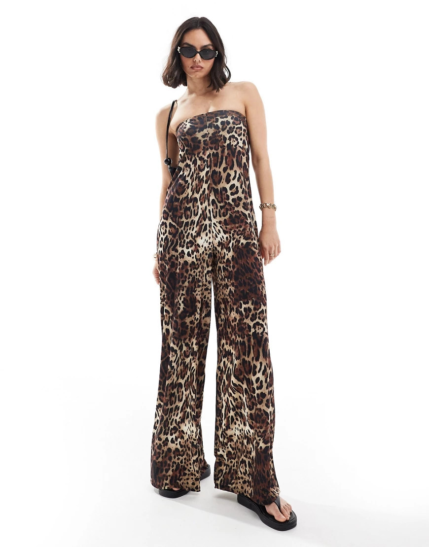 ASOS DESIGN bandeau trapeze jumpsuit in leopard print-Multi | ASOS (Global)