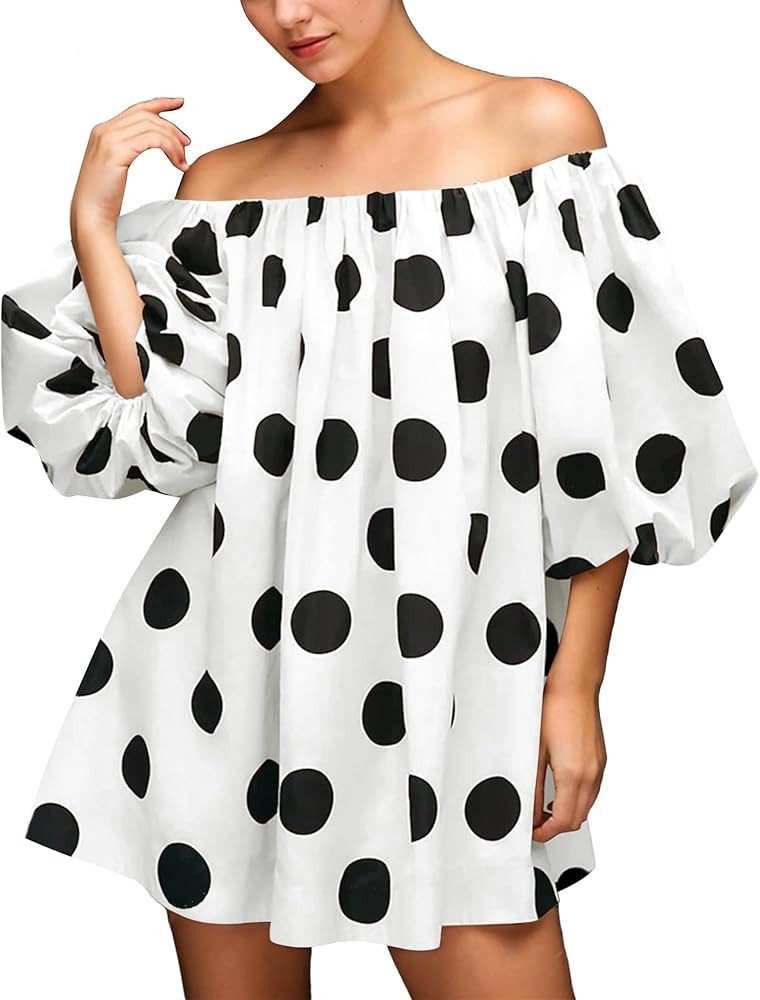 Summer Off The Shoulder Polka Dot Mini Dress Puff Sleeve Baggy Flowy Cute Babydoll Dress Casual L... | Amazon (US)