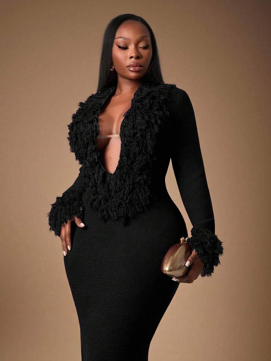 Radiana Plus Size Fashionable Sexy Fringe Decor Deep V-Neck Extra Long Knit Dress In Fall/Winter | SHEIN