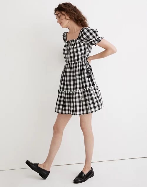 Square-Neck Tiered Mini Dress in Gingham Seersucker | Madewell