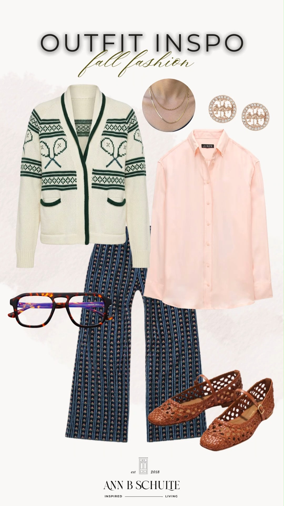 A little preppy, a little vintage, and very fall-ready 🍂 This fashion look pairs a soft blush button-down with patterned wide-leg pants, a classic tennis-inspired cardigan, woven flats, and playful tortoiseshell glasses. The mix of cozy knits, delicate prints, and warm accessories makes this outfit feel effortlessly polished with just the right amount of personality. 🎾🌸🤎

#FallFashion #FallOutfitIdeas #PreppyStyle #WideLegPants #CardiganStyle #ButtonDownShirt #WovenFlats #EverydayOutfit #LTKFashion 

 #LTKootd
