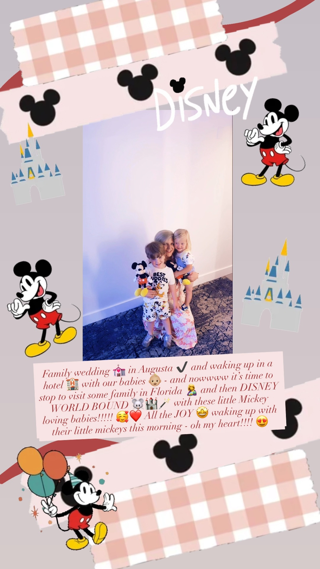Family wedding 💒 in Augusta ✔️ and waking up in a hotel 🏨 with our babies 👶🏼 - and nowwww it’s time to stop to visit some family in Florida 🤱 and then DISNEY  WORLD BOUND 🐭🏰🪄 with these little Mickey loving babies!!!!! 🥰❤️ All the JOY 🤩 waking up with their little mickeys this morning - oh my heart!!!! 😍