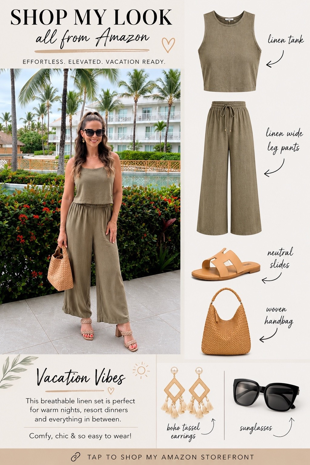 Vacation Vibes 🌴 

The Linen Set You’ll Reach for All Summer

If I could pack just one outfit for vacation, this would be it. 🤍🌿

This breathable linen set is lightweight, effortless, and one of those looks you can wear from a poolside lunch to dinner without missing a beat. I paired it with neutral accessories to keep the look timeless and easy to recreate.

✨ Linked:
• Linen tank
• Matching wide-leg linen pants
• Neutral slides
• Woven handbag
• Statement earrings
• Oversized sunglasses

Everything is linked so you can shop the full look in one place! 🤎

#LTKStyle #VacationStyle #ResortWear #AmazonFashion

#LTKTravel