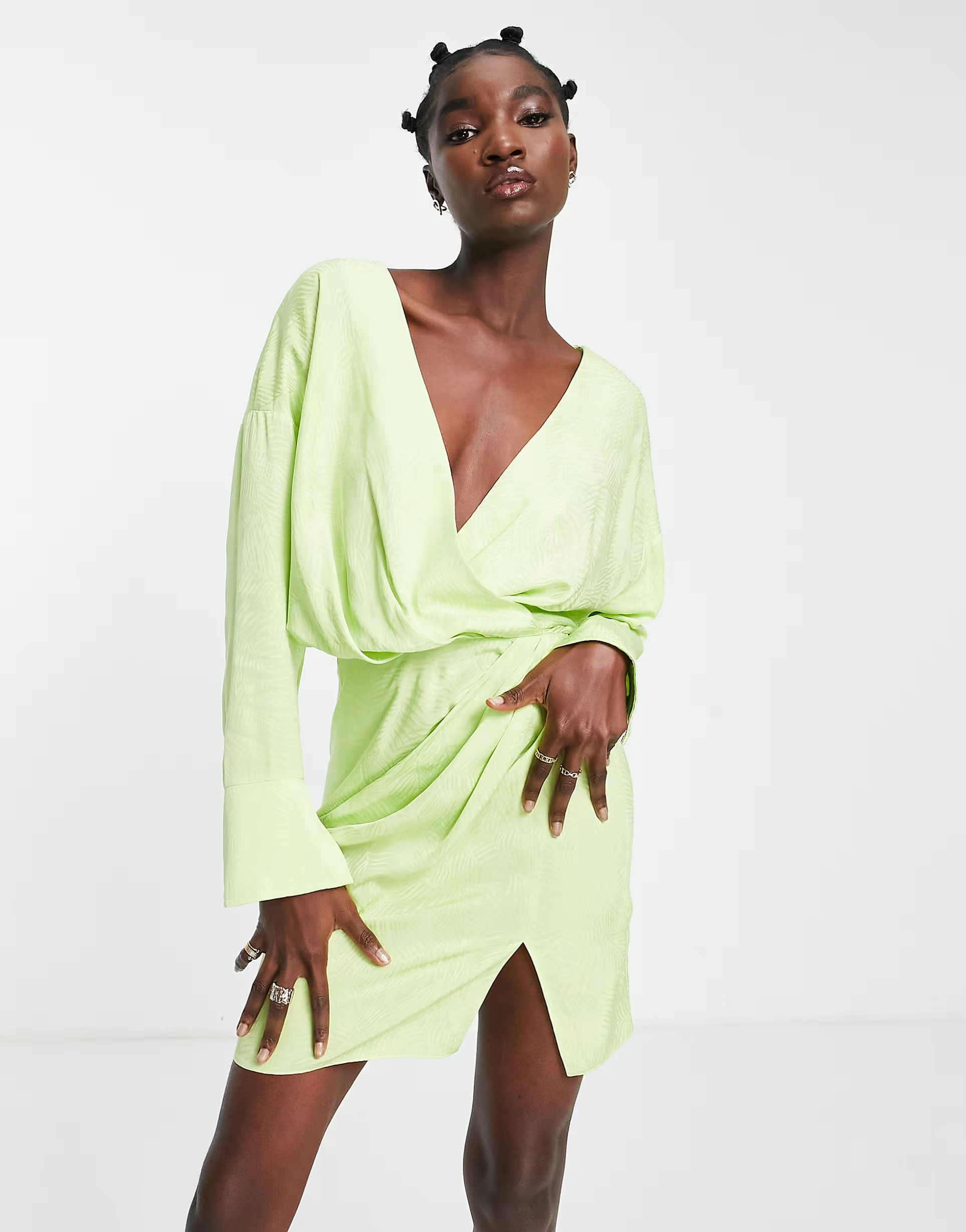 ASOS DESIGN cuffed long sleeved satin mini dress with pleat detail skirt in lime green | ASOS (Global)