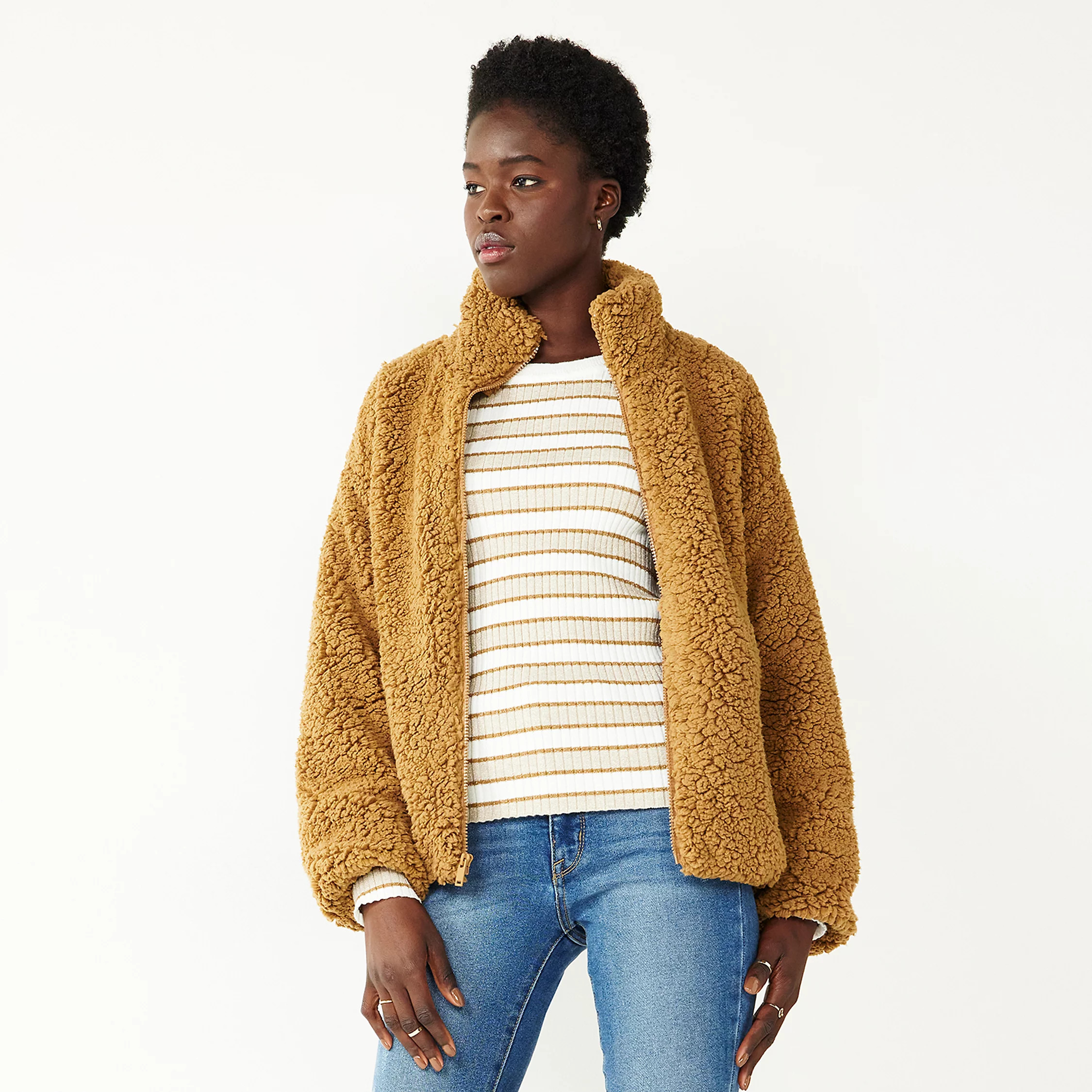Petite Nine West Zip Up Teddy Jacket | Kohl's