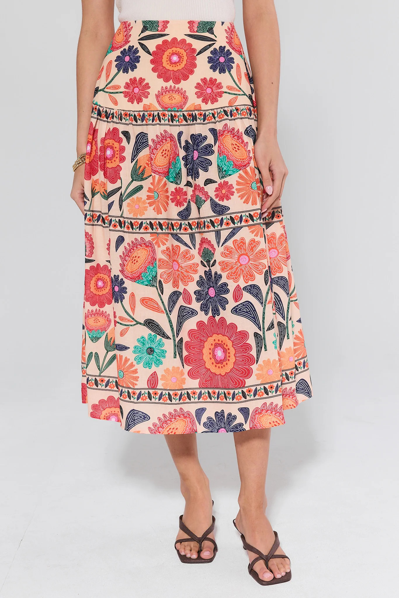 Serena Orange Printed Midi Skirt | Avara