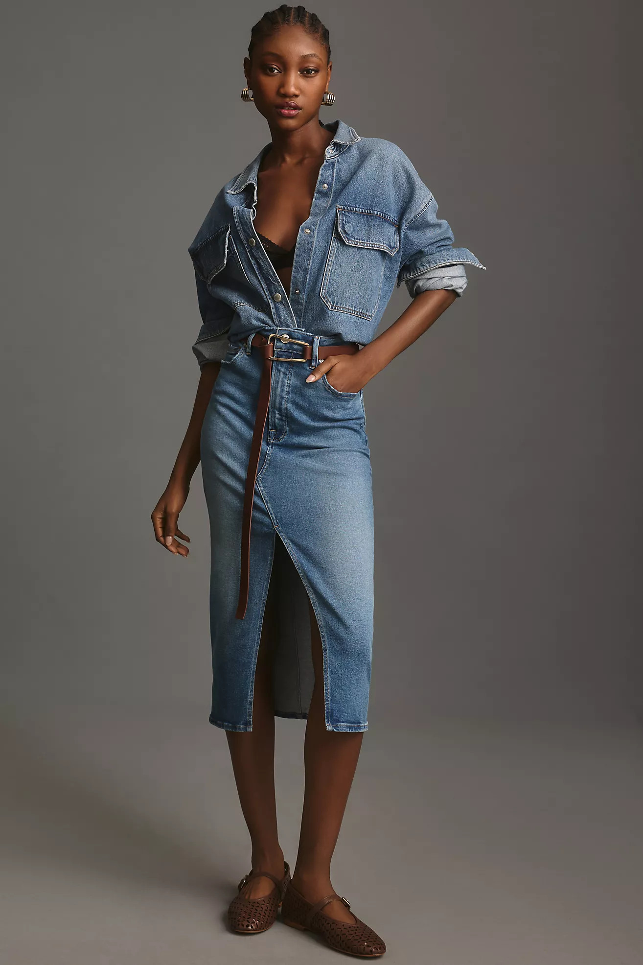 Good American Front-Slit Denim Midi Skirt | Anthropologie (US)