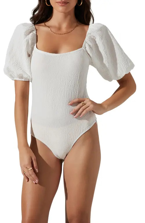 ASTR the Label Puff Sleeve Textured Bodysuit in White at Nordstrom, Size Small | Nordstrom