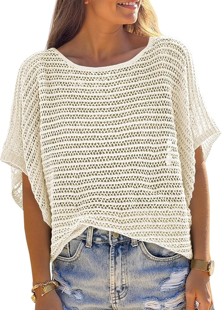 Crochet Cover Up Top Short Sleeve Sweater Summer Tops Loose Hollow Out Knit Pullover Tshirts Beac... | Amazon (US)