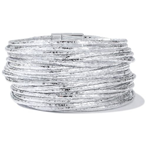 FANCY SHINY Boho Leather Bangle Bracelets Stackable Layer Wrap Strand Bracelets with Magnetic Clasp Handmade Trendy Jewelry for Women(Metallic Gray) | Amazon (US)