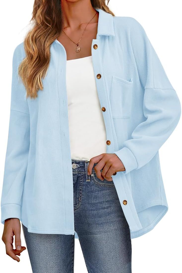 AWULIFFAN Womens Waffle Knit Shacket Jacket Long Sleeve Button Down Shirts Casual Dressy Blouses | Amazon (US)