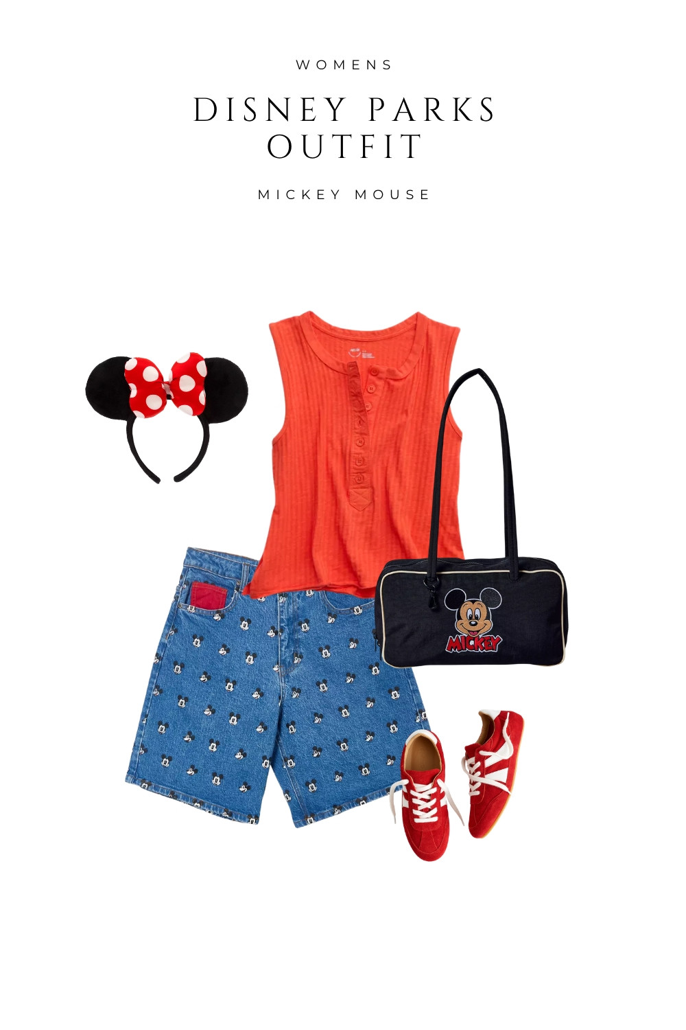Disney parks outfit featuring Mickey Mouse inspired style. Red sleeveless ribbed tank paired with denim shorts with subtle Mickey print for a playful park-ready look. Finished with classic Minnie ears, a vintage-style Mickey handbag, and red sneakers for all-day comfort. Perfect for Disneyland or Walt Disney World, warm weather park days, and casual Disney trips.