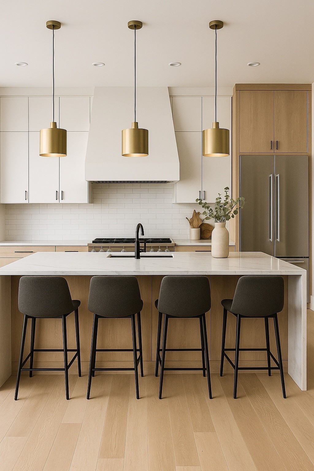 A soft luxury kitchen aesthetic — warm wood cabinets, a clean marble island, modern black counter stools, and elegant brushed-gold pendant lights.
This look is perfect for neutral, high-end interiors and a cozy yet elevated home vibe. Shop the exact items and luxe dupes to recreate this modern kitchen styling.

#LTKHome #KitchenDesign #ModernKitchen #NeutralHome #LuxuryInteriors #MarbleIsland #GoldPendantLights #HomeDecorInspo #KitchenInspo #ContemporaryDesign