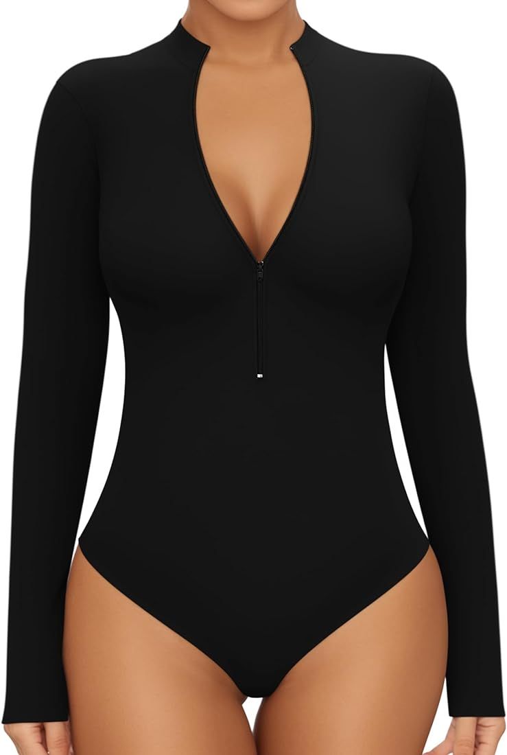 Long Sleeve Body Suit Mock Turtle Neck Zip Up Bodysuit for Women Ribbed Deep V Sexy Bodysuit Shir... | Amazon (US)