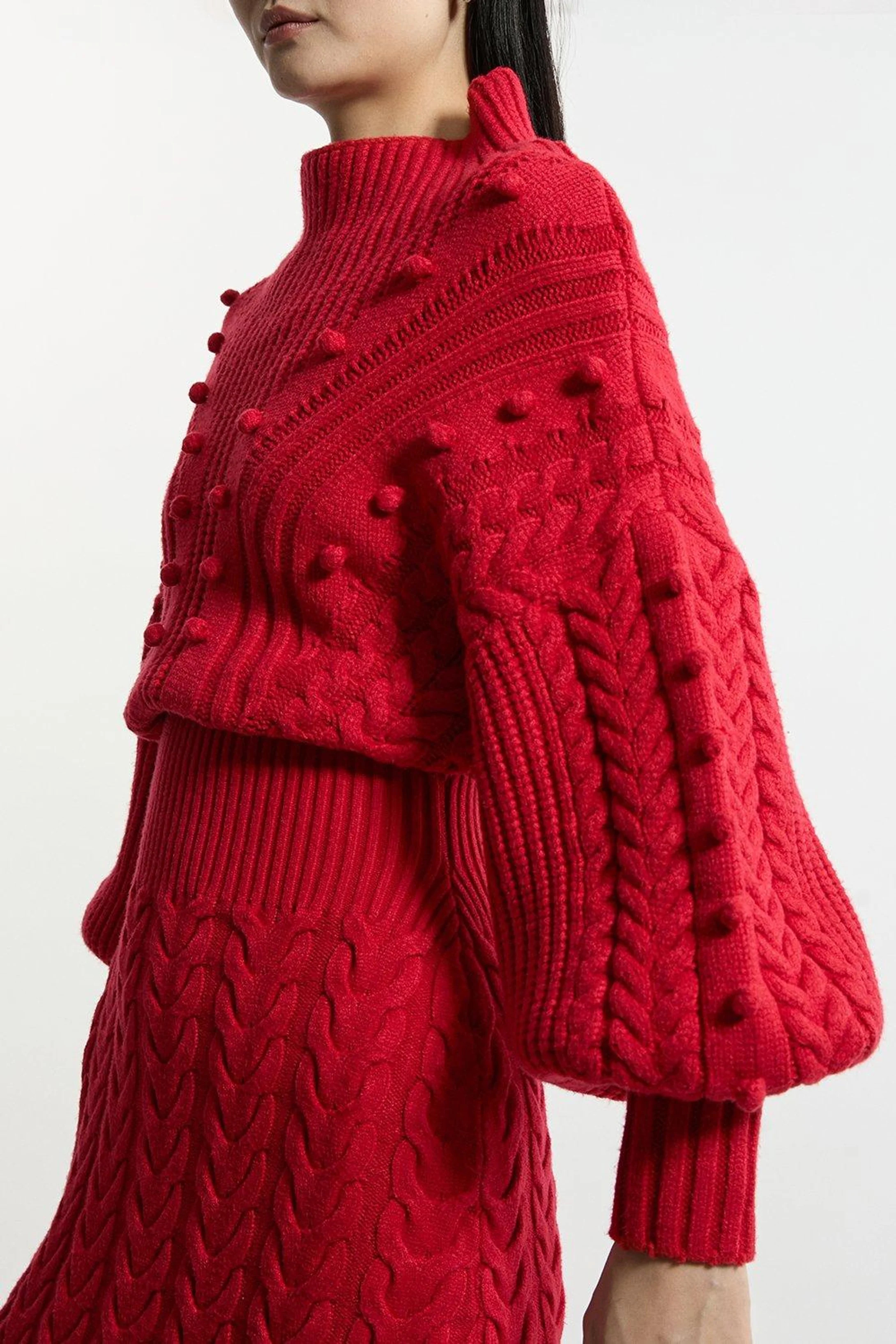 Bobble Detail Balloon Sleeve Cable Knit Viscose Blend Midi Dress | Karen Millen UK + IE + DE + NL