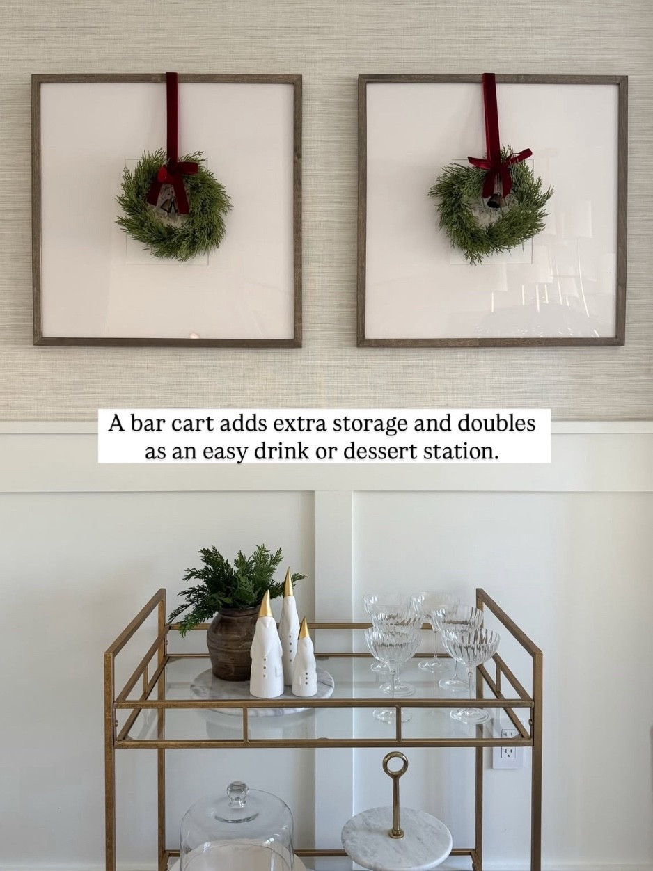 One of my favorite holiday details: mini wreaths on our gallery frames. They add a fresh pop of green and a festive touch without taking up any table space—perfect for holiday hosting. I also love using a bar cart nearby as extra storage and a display area for serveware, with space for drinks or a dessert station. The gallery frames are on sale right now, and I’ve linked them along with similar  options and bar cart favorites to recreate this look.

#LTKHome #LTKSeasonal #LTKHoliday