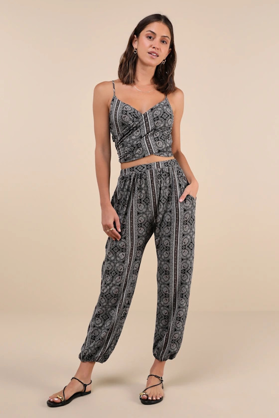 Doin' it Right Black Scarf Print Wrap Two-Piece Jumpsuit | Lulus