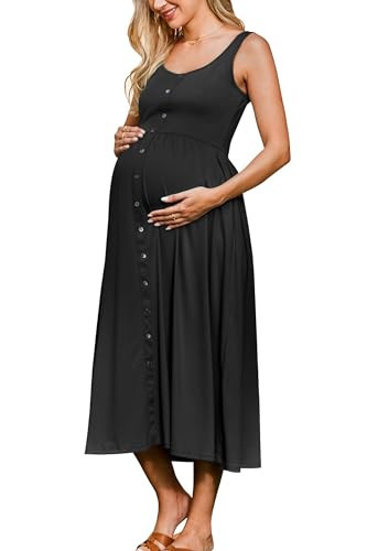 OUGES Womens Black Maternity Dress Casual Scoop Neck Maternity Clothes Pregnancy Midi Button Tank Dress Summer Sundress with Pockets 2025(Black,XXL) | Amazon (US)