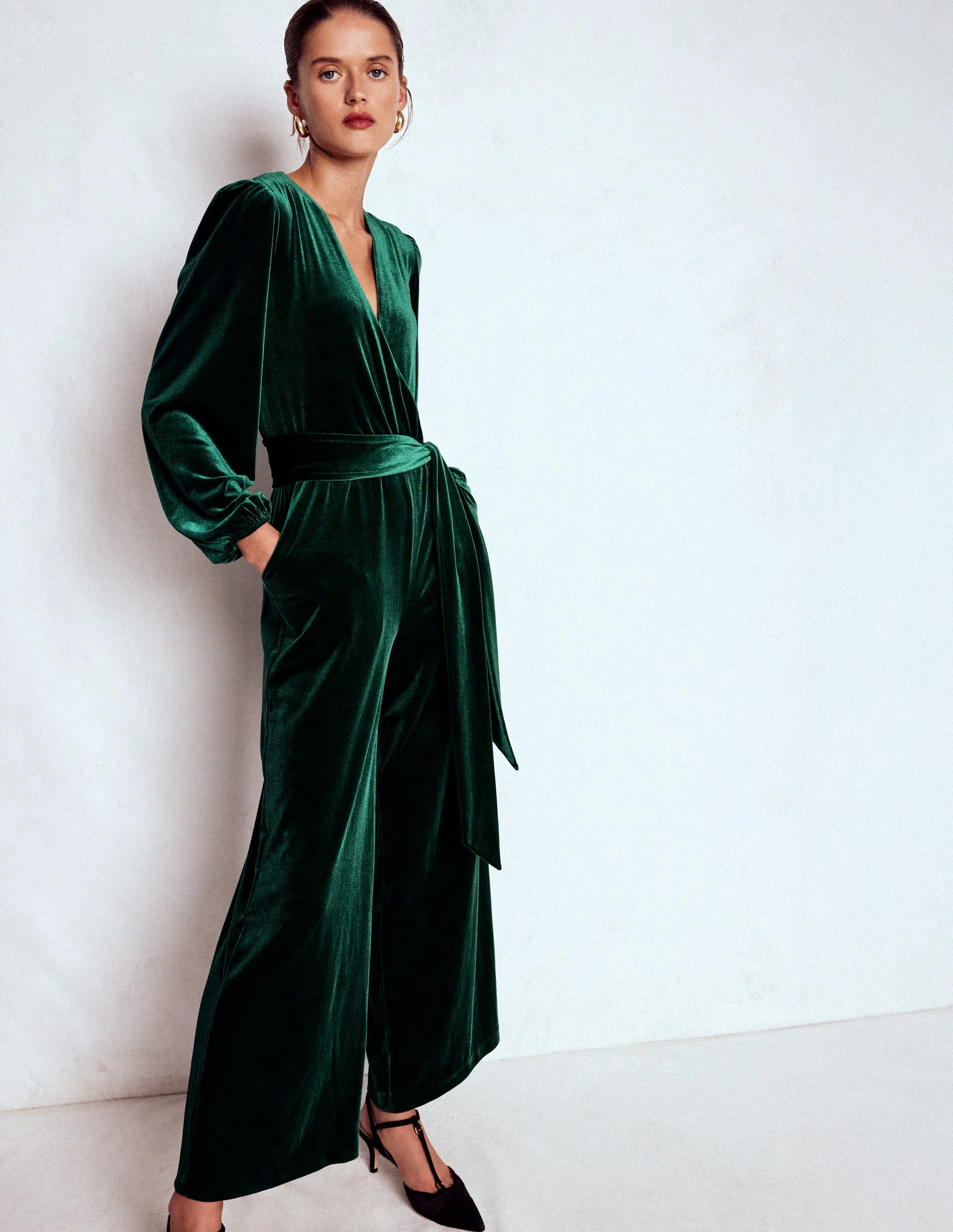 Jersey Velvet Wrap Jumpsuit-Emerald Night | Boden UK
