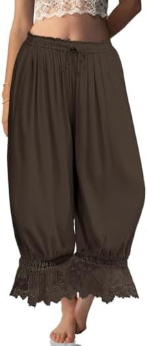 TARSE Women Linen Lace Trim Long Bloomers Pants Ruffle Victorian Vintage Pantaloons Summer Beach ... | Amazon (US)