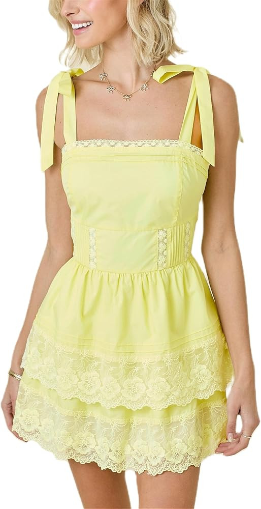Women’s Y2k Bow Tie Shoulder Mini Dress Lace Patchwork Backless Ruffle Slip Dresses Flowy Swing... | Amazon (US)