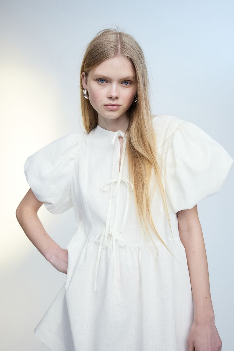 Linen-blend Puff-sleeved Dress - Cream - Ladies | H&M US | H&M (US + CA)