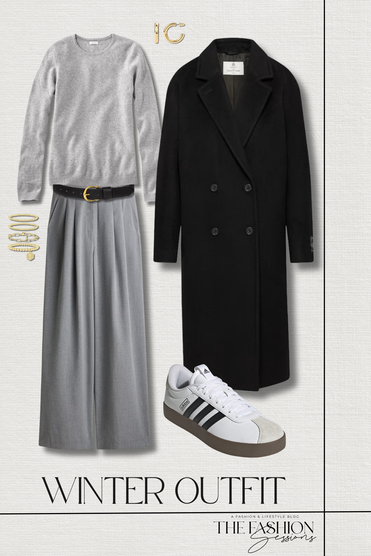 Easy business casual in tonal grays.
aritzia babaton the slouch coat | quince mongolian cashmere crewneck sweater | h&m wide leg trousers | adidas vl court 3.0 sneaker | universal thread women's solid horseshoe belt | stackable beaded pendant bracelets | gold hoops | casual outfit | elevated casual 

 #LTKOver40 #LTKFindsUnder50 #LTKWorkwear