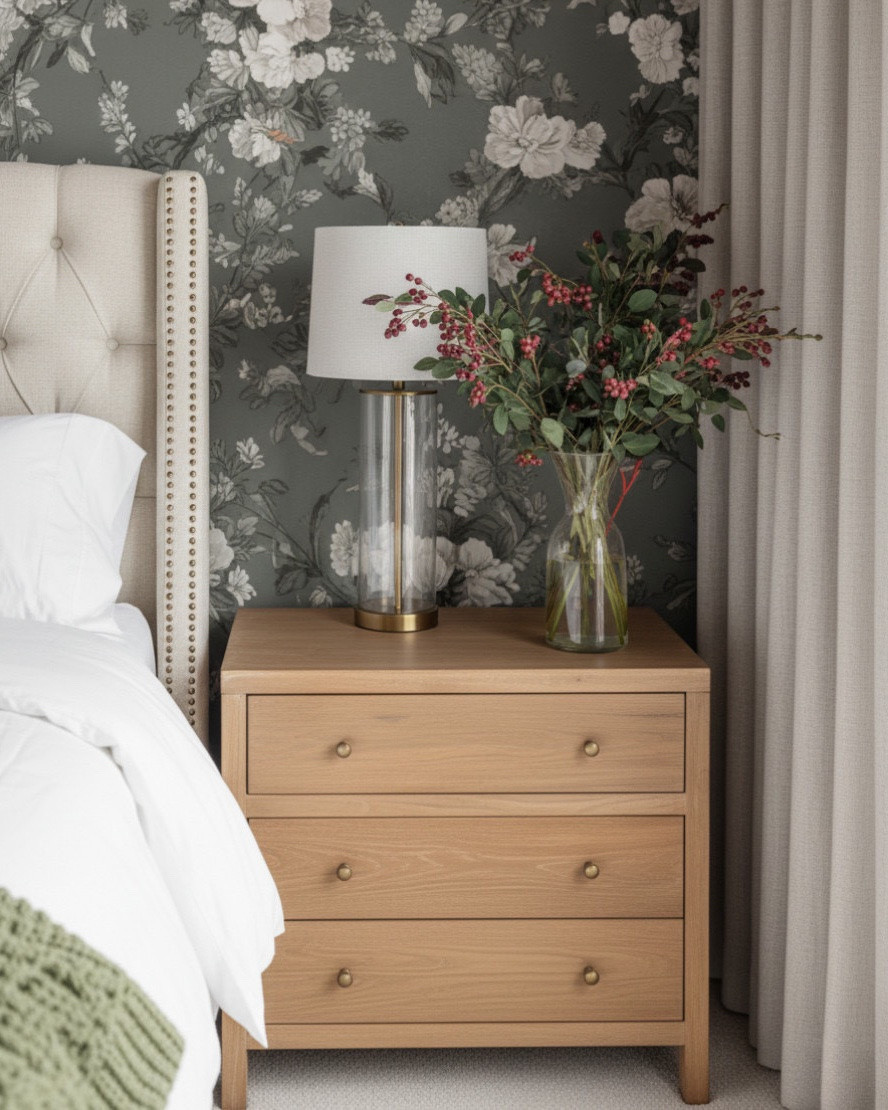 A fresh take on cozy sophistication. This vaulted bedroom layers soft neutrals with organic green tones for a calming yet elevated retreat. The floral accent wall adds romantic charm and depth, framed by natural wood beams that draw the eye upward. Textured bedding and a chunky knit throw invite warmth and comfort, while the tufted headboard and tailored bench keep the look refined. Finished with modern glass lamps and light oak nightstands, this space feels grounded, serene, and effortlessly welcoming.

Shop the look:
Tufted upholstered bed | Green knit throw | Oak nightstands | Glass table lamps | Botanical wallpaper | Neutral bench | Vintage-inspired rug | Chunky knit blanket | Vaulted wood beam ceiling | Modern pendant light

#LTKsale #LTKhome #LTKstyletip