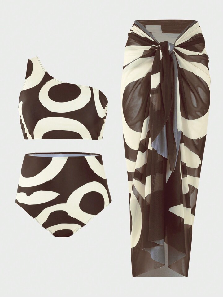 SHEIN Swim Vcay Plus Size Women's Geometric Print Swimsuit 3-Piece Set Music Festival | SHEIN