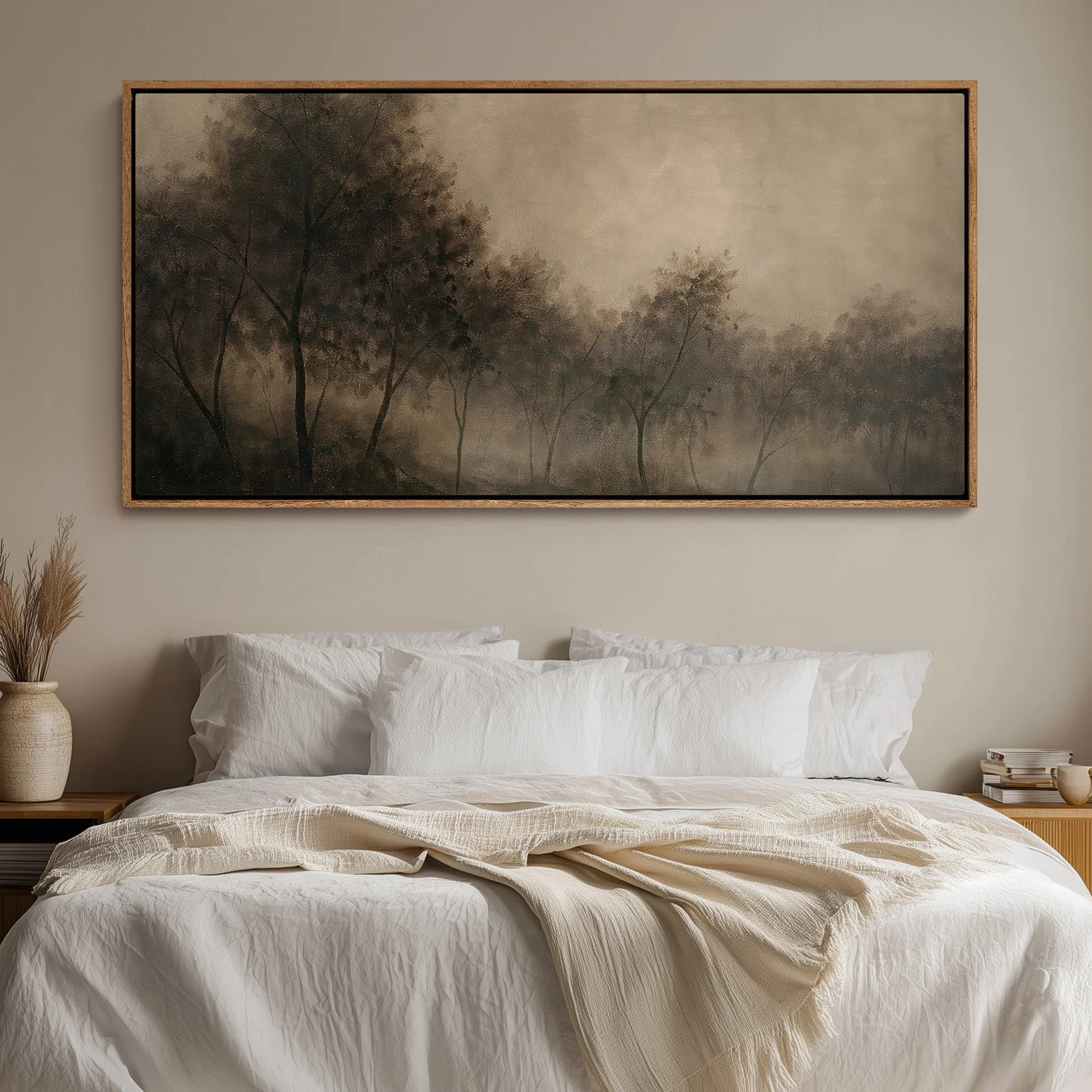 Framed Canvas Wall Art - Moody Foggy Forest Landscape with Soft Neutral Atmosphere - 16"x24", 24"x36 | Wayfair North America