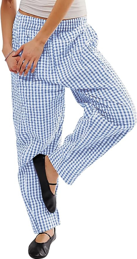Women's Plaid Pant Gingham Lounge Pants Wide Leg Mid Rise Elastic Waist Checkered Long Trousers w... | Amazon (US)