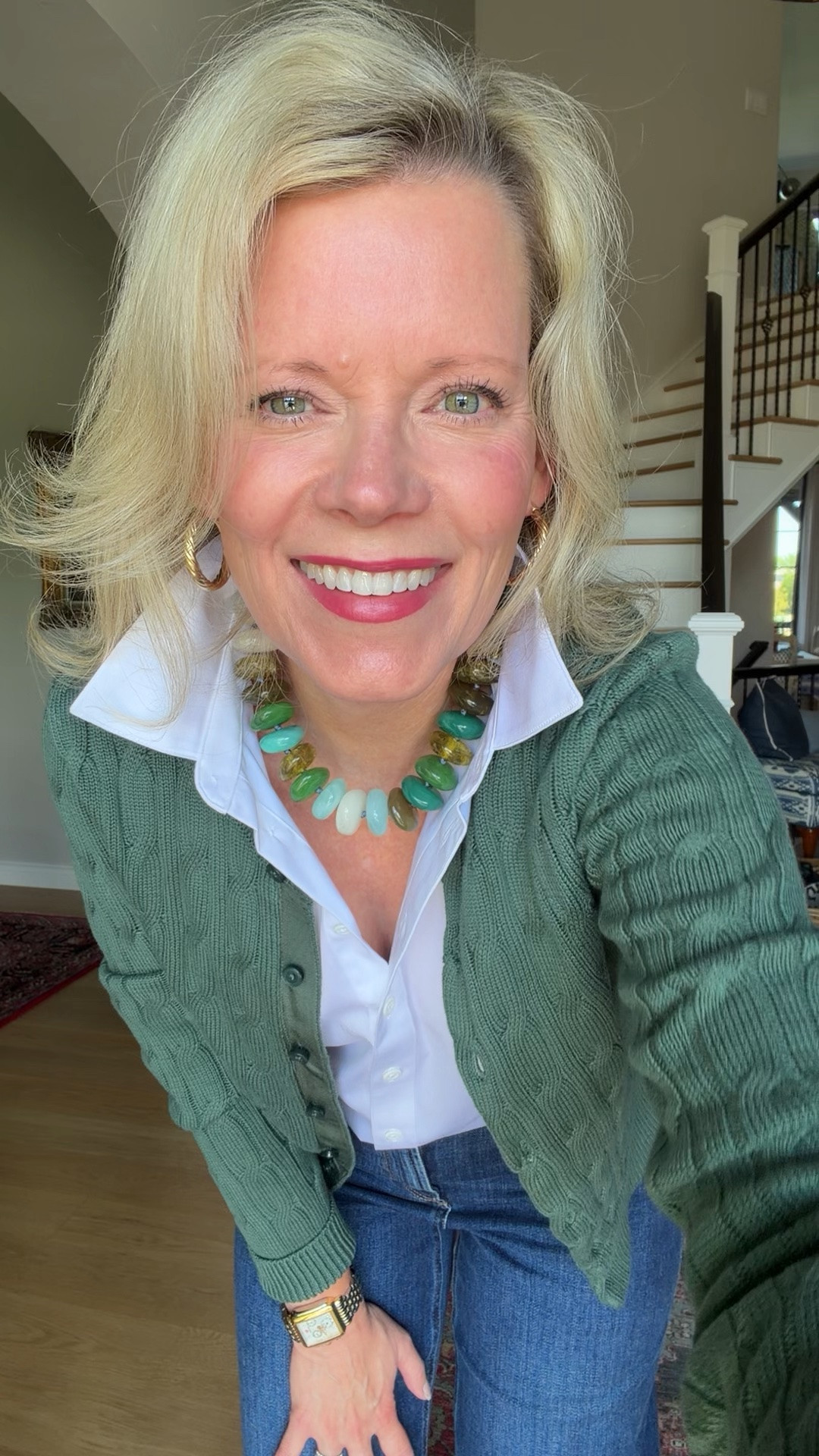 I am really into green right now. I have found so many pretty green pieces for a fall! Absolutely love this beautiful cardigan, sleeveless white shirt, and  jeans from
@Quince. Such a classic look that is beautiful and affordable. And can we talk about my cute necklace! I have it in blue as well. Darling!!  I’m wearing my regular size in everything. ￼￼