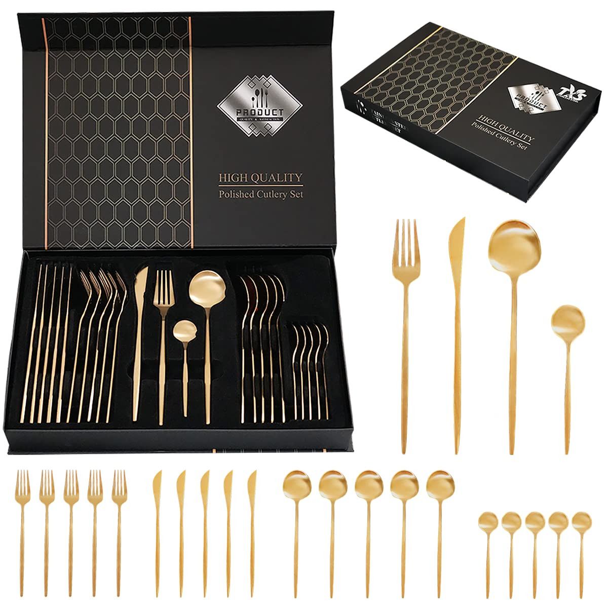 24-Piece Gold Silverware Set Gold Utensils Set for 6, Gold Spoons and Forks Set, Stainless Steel ... | Amazon (US)