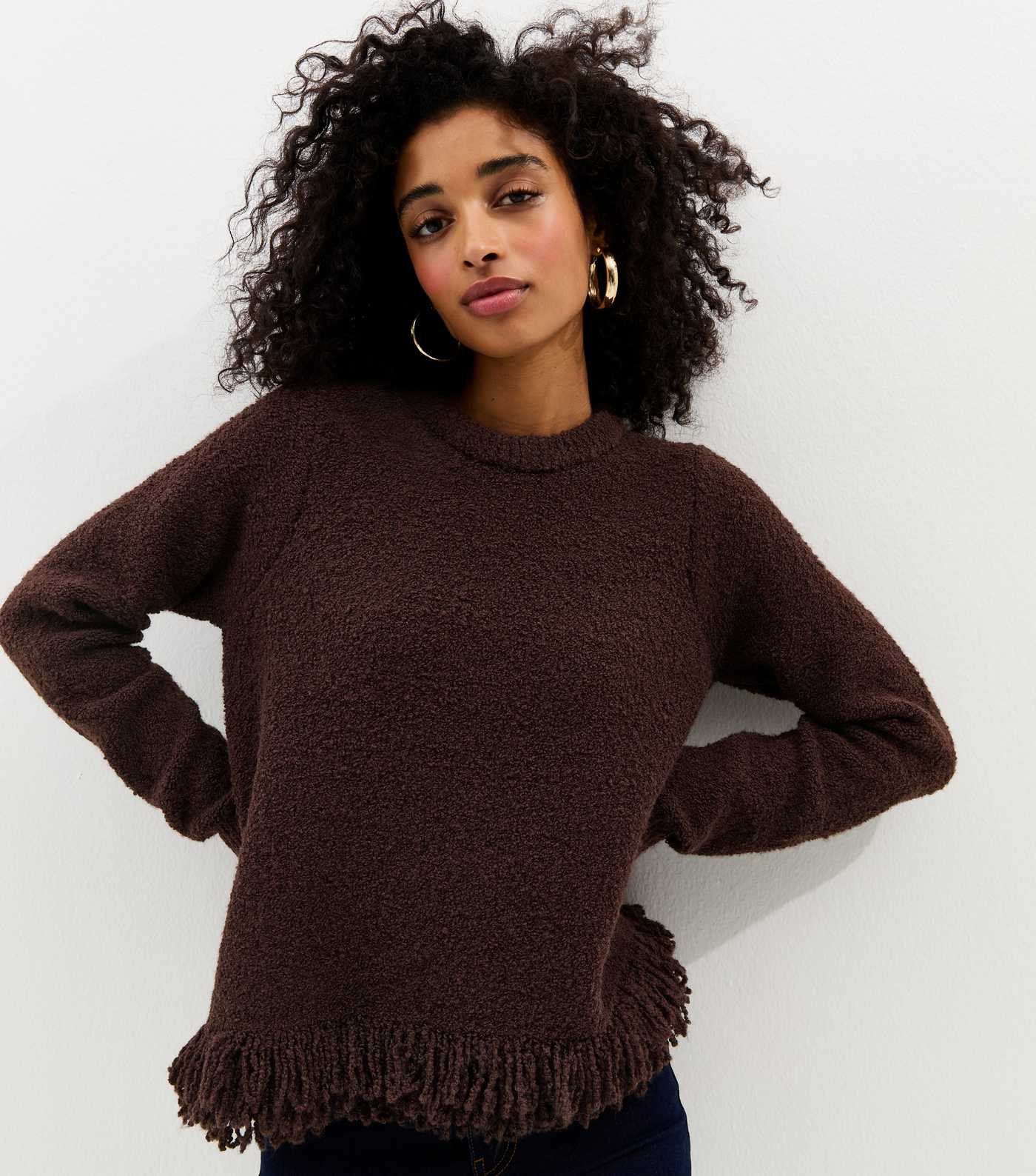 Dark Brown Boucle Fringe Hem Jumper | New Look | New Look (UK)