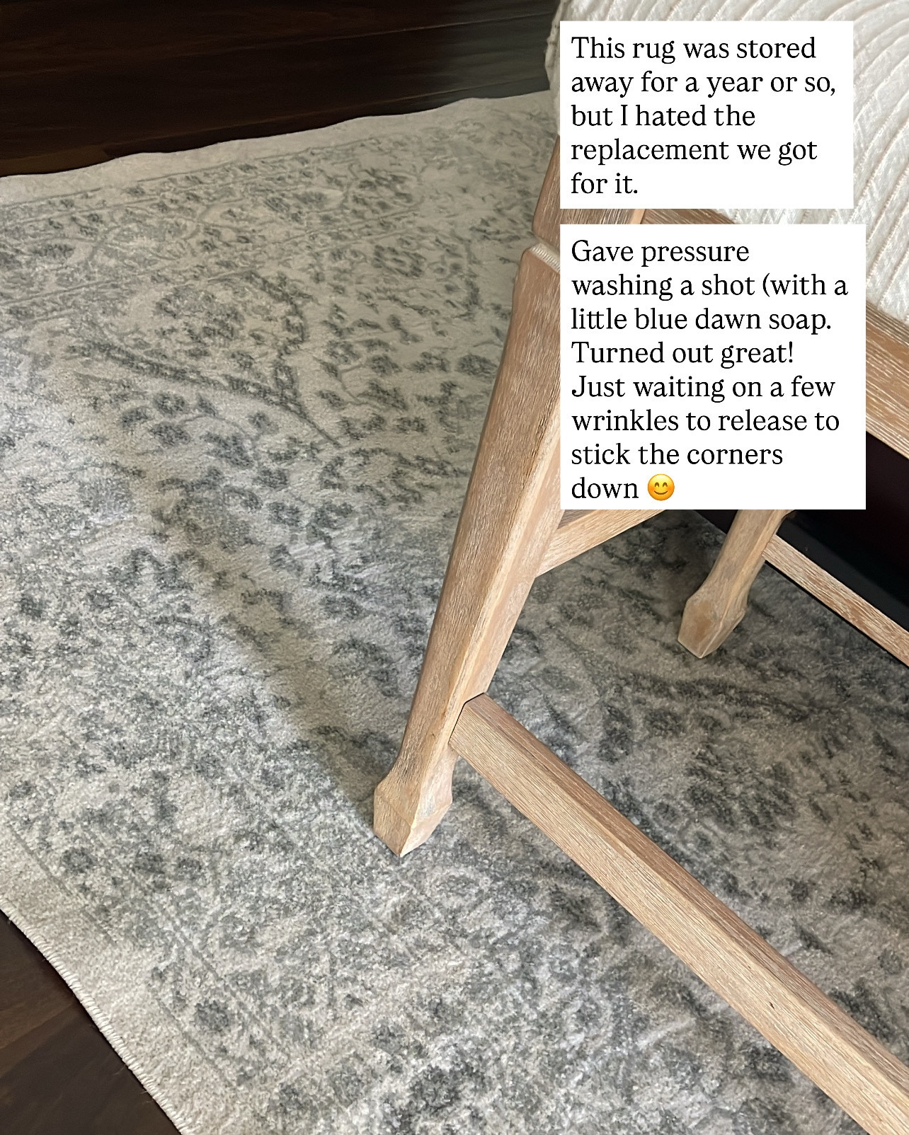 This rug was stored away for a year or so, but I really missed it. So I gave it a good cleaning. Pressure washing. Really brought it back to life! I’m waiting for a few wrinkles to release, and then I will be sticking the corners down with rug grippers, I like to use those on all my rugs, to ensure they are not a tripping hazard.

#LTKHome