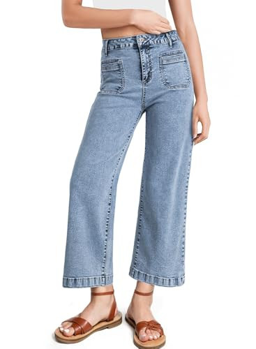 Astylish Wide Leg Jeans for Women Trendy High Waisted Straight Jean Capri Denim Pants Stretchy Buttoned Baggy with Patch Size 12 Light Blue | Amazon (US)