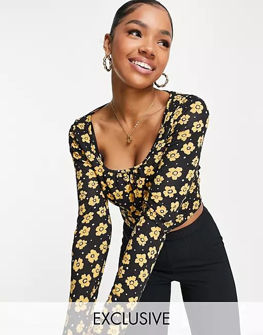 Wednesday's Girl long sleeve crop top with ruched bust in yellow floral | ASOS (Global)
