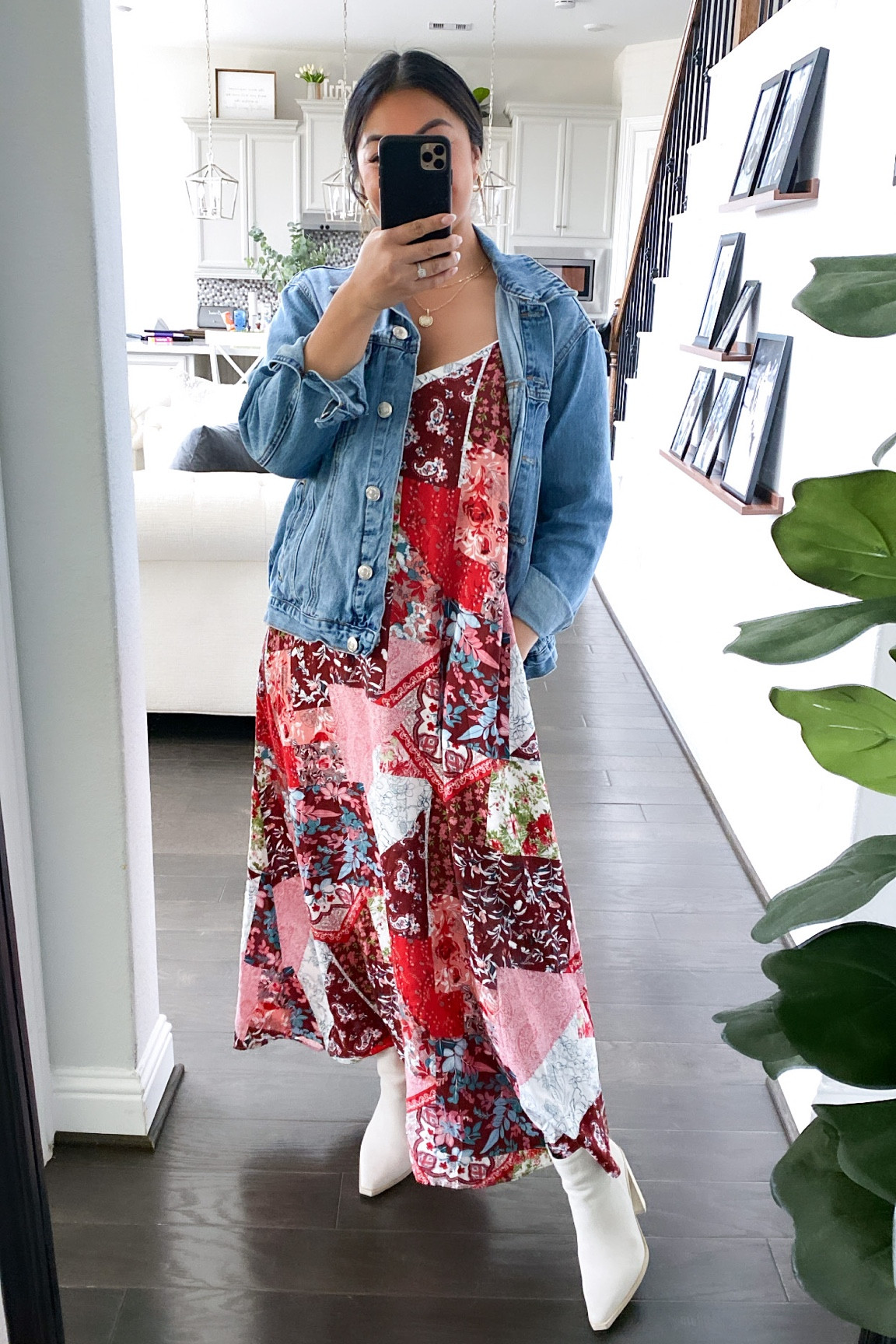 Wearing a small in this multi print maxi dress 

Denim jacket is a medium a staple from old navy!
