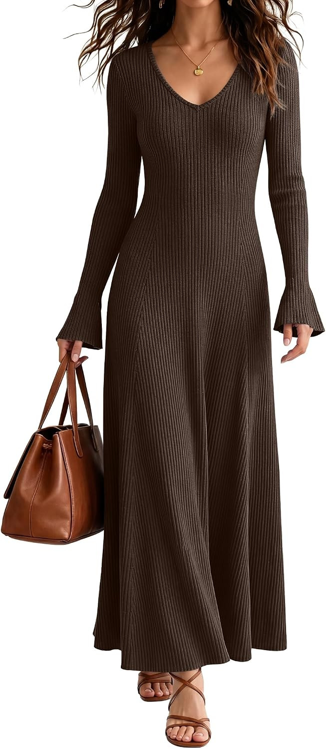 Caracilia Long Sleeve Maxi Dress for Women V Neck Knit Fall Dresses | Amazon (US)