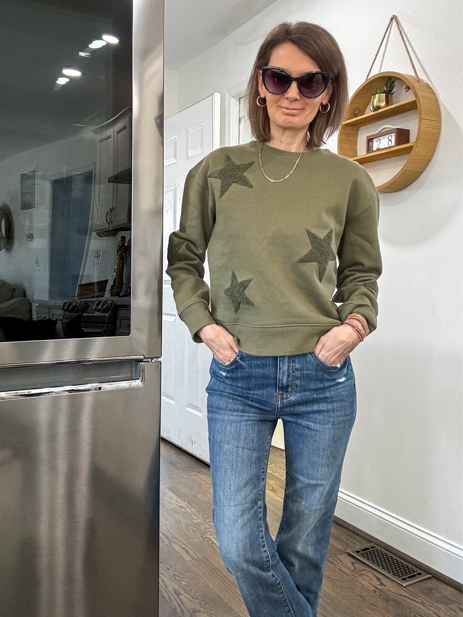 Rails star appliqué sweatshirt, comes in two colors. Sunnies are Kate Spade, Jeans are Daze Shy Girl High Waist Crop Flare. Both from Nordstrom. Causal outfit, everyday look. 

#LTKfindsunder50 #LTKstyletip #LTKover40